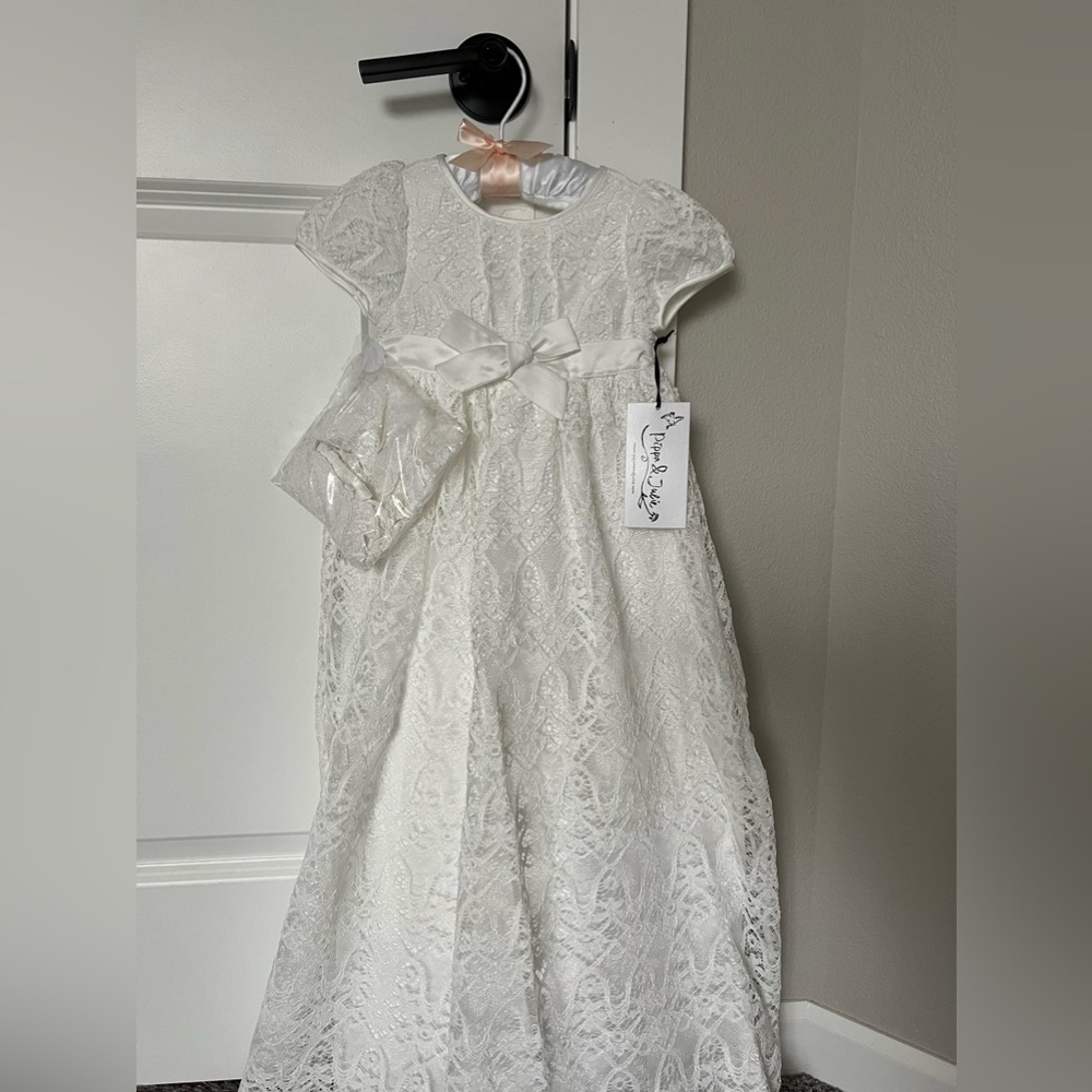 Pippa and Julie White Lace Christening Gown  with Bonnet size 12M